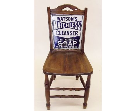 An early 20th century enamel backed advertising chair for Watson's Matchless Cleaner