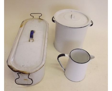 A group of three items of vintage kitchen enamel ware