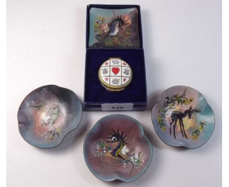 Four various enamel pin dishes and Halcyon Days Valentines Day box