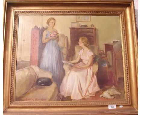 Rachel Carnegie - oil on canvas portrait of two ladies in a sitting room 46cm x 56cm
