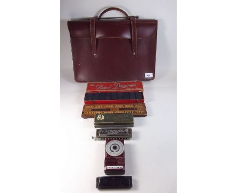 A leather music bag, Wittner Taktell metronome, two mouth organs, cribbage board and dominoes `