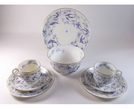 A Crescent and Sons Edwardian tea service printed swallows comprising: six cups and ten saucers, ten tea plates, sugar and ca