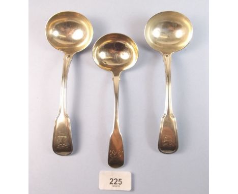 A pair of silver sauce ladles 1818 by Francis Higgins, 153g and another silver sauce ladle, 46g