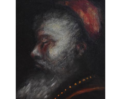 20th Century School, oil on metal, A profile head portrait of the Dalai Lama, unsigned, framed, measuring 10cm x 13cm, &amp; 