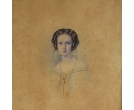 19th Century School, watercolour, A shoulder length portrait of a young Victorian woman with ringlets, unsigned and dated Mar