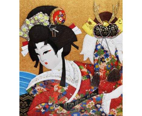 20th Century Japanese School, textile collage, A half length portrait of a Geisha lady, framed, displayed within a fabric sli