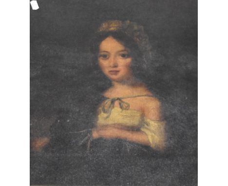 19th Century School, oil on canvas, A half length portrait of a young girl wearing a bonnet, framed and under glass, measurin