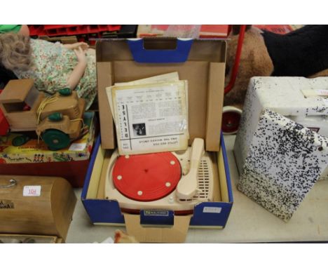 Child's Goldentone record player (apparently unused), with original box and three records
