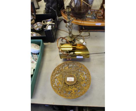 Trench Art Scuttle, Figural Lamp and Gilt Stand