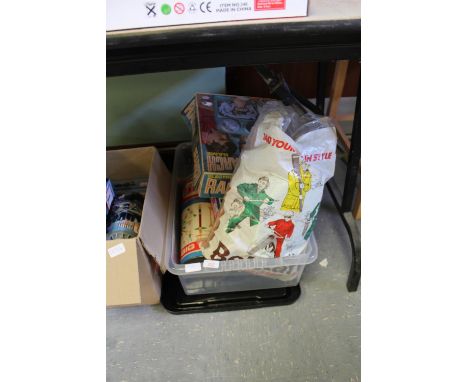Box of vintage games and bag of Playmobil