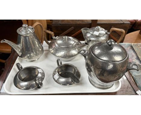 LIBERTY'S TUDRIC pewter a 4 piece tea service, pattern no 01537, a similar offee pot 0993 and a biscuit barrel 01454