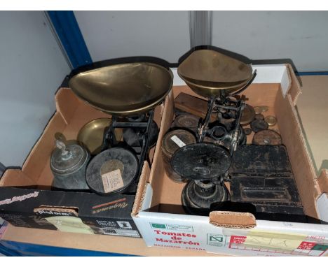A brass bell, 2 sets of scales and weights etc