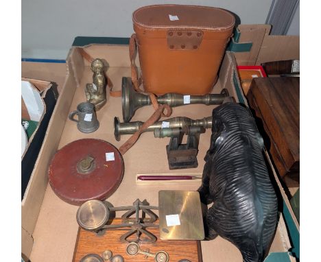 A set of postage scales and weights; binoculars; carved elephant etc