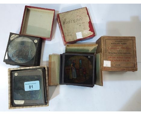 Three boxes of magic lantern slides including "Jack and the Beanstalk", "Mr Brown and the Mouse" and "The Life of Martin Luth