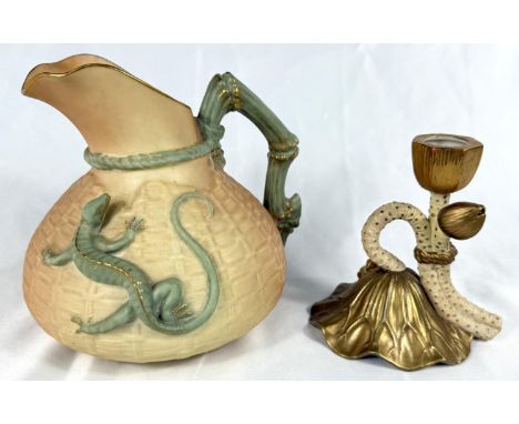 Royal Worcester: a peach ground jug with textured basketry finish and applied lizard Rd No 226402, 15cm; a similar lily pad c