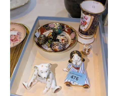 A Royal Crown Derby Bear, doll, thimble, commemorative dish etc.