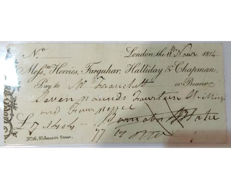 An 1814 cheque, 'Herries, Farquhar &amp; Co.' for £7 14s 4d.