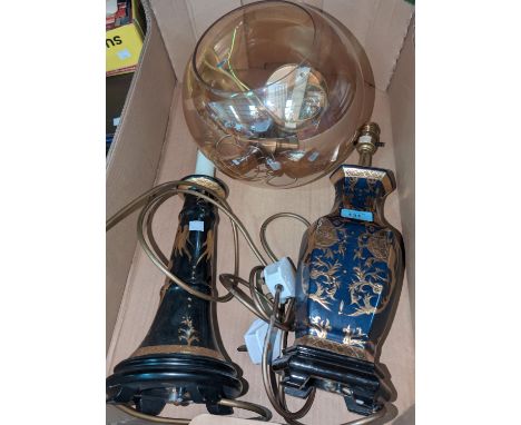 Two gilt and black ceramic table lamps etc.