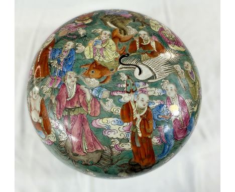 A Chinese Famille Rose lidded bowl with extensive polychrome decoration with deities, birds, crabs, dragons etc with bats and