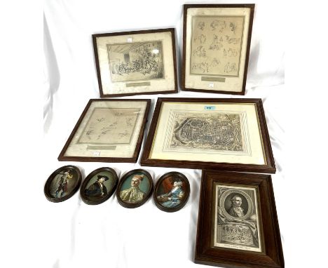 Three French etchings "Le Trapeze", "Les Chevaux Savants" and "Steeplechase Derriere les Coalisses"; four miniature Old Maste