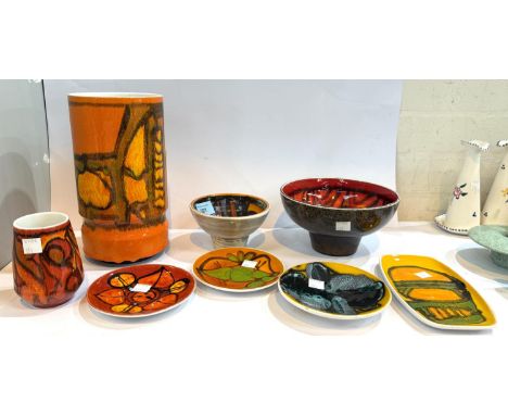 POOLE - a Dolphins pedestal bowl, 17cm, another 12cm and 5 other pieces.