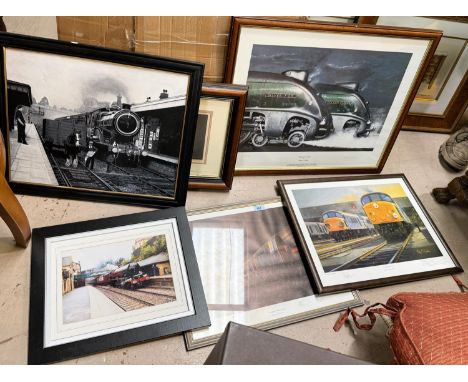 4 signed limited edition railway prints framed and glazed; a pencil sketch of a steam train in the style of Grimshaw etc.