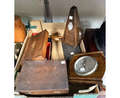 A walnut metronome; 2 jewellery boxes; a barometer; clocks, money box etc