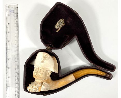 A large cased&nbsp;amber and Meerschaum pipe depicting the head and shoulders of Napoleon.