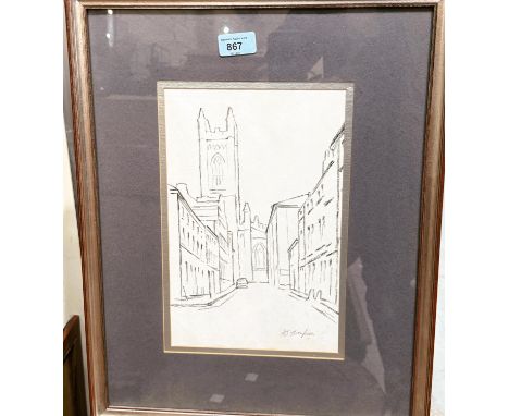 Alan J. Thompson, street in Oldham with church, pencil sketch, 29x19cm, framed and glazed.