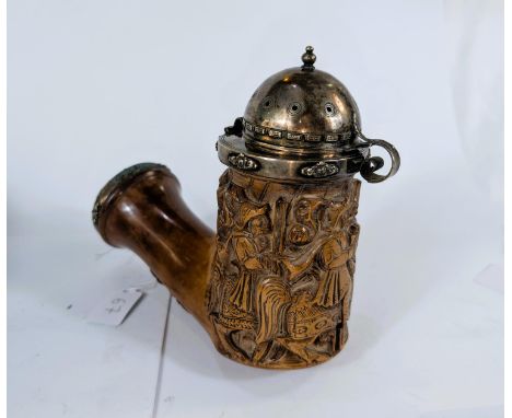 A very large Meerschaum pipe bowl with silvered lid and mount &amp; relief a depicting medieval&nbsp; procession, height 16cm