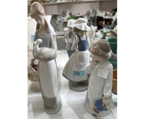 Two Lladro figures, girl and boy with dogs and two Nao figures.