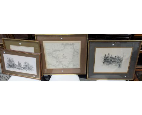 A map of the Cheshire Ring and four signed prints after Geldart and the Cheshire Green.