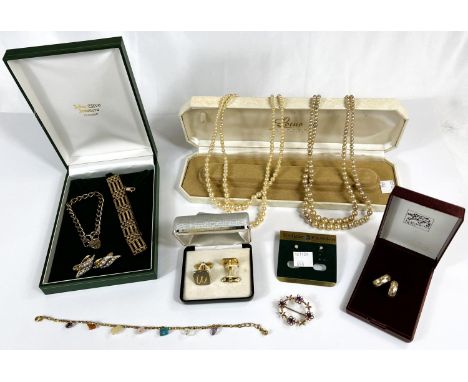 A gilt metal gate bracelet, another with 9ct gold padlock clasp and other jewellery.