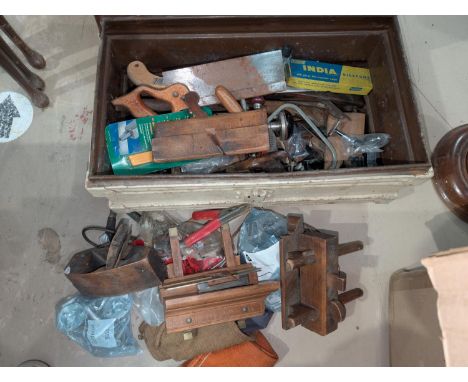 A vintage tool trunk with various shaping planes, other vintage tools etc.