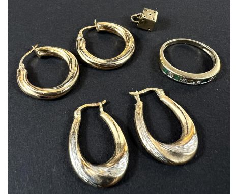 Two pairs of 9ct gold hoop earrings and a dice pendant, 4/8gm and a 9ct gold dress ring (stone missing)