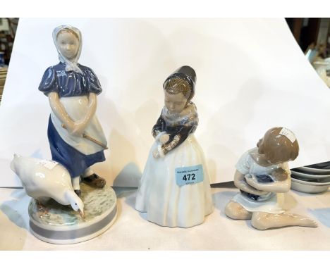 Royal Copenhagen girls: girl with goose, girl in hat and shawl, seated girl holding Teddy bear.