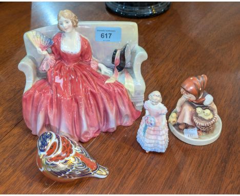 A Royal Doulton group "Sweet and Twenty" HN1298; A Royal Crown Derby wren; a Hummel group girl and chicks; a Royal Doulton gr