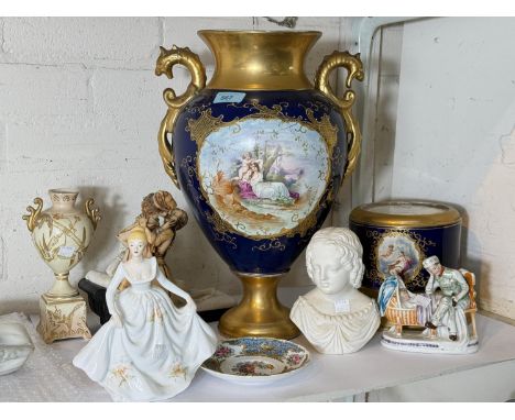 A 1920's continental ceramic Vienna-style urn on stand, 56cm, various other ceramics