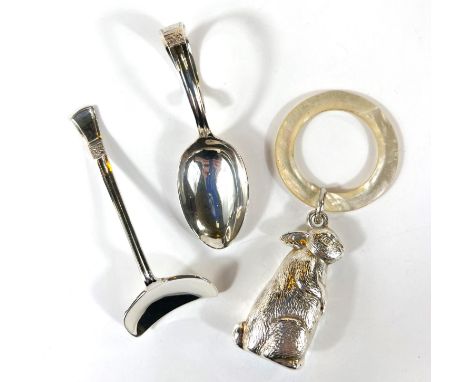 A child's hallmarked silver rabbit with mother of pearl teething ring; a hallmarked silver spoon and push