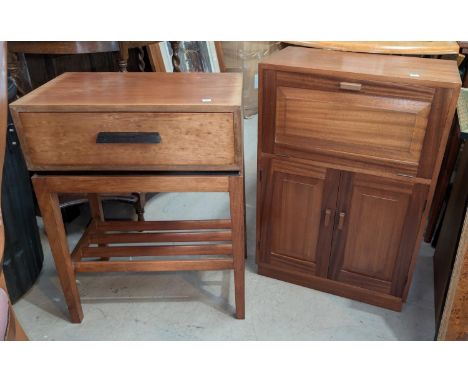 A teak bedside drawer unit with single drawer and shelf below; a teak cabinet with fall front, etc.