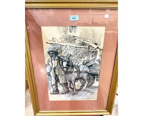 T Brown, Rag and bone man with horse and cart, monochrome sketch with highlights, signed, 44 x 31cm,&nbsp;framed and glazed a