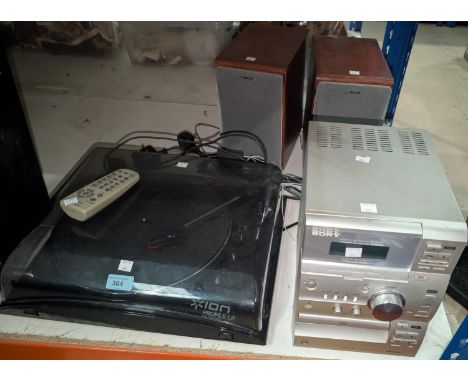 A Sony Mini Hi-Fi system comprising tuner, amplifier, CD and associated speakers, along with an ION USB turntable.