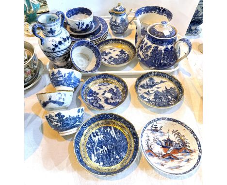 A selection of blue and white china, including 18th century tea bowls and saucers etc.