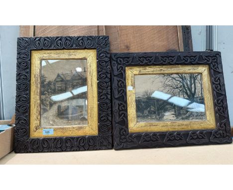 MACCLESFIELD SCHOOL of CARVING, two oak picture frames each containing an etching, signed on back 36 x 45cm and 42 x 34cm cm.