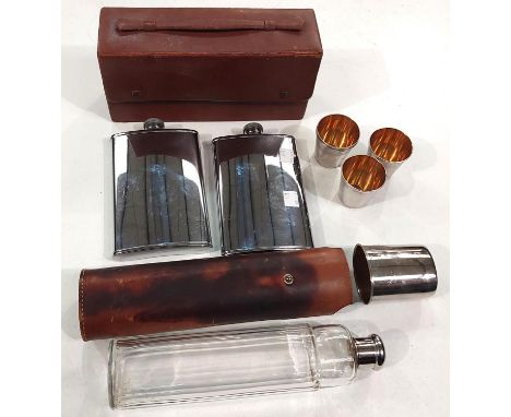 Two vintage 8oz hip flasks and a cut glass stirrup flask etc.; 3 walking sticks.
