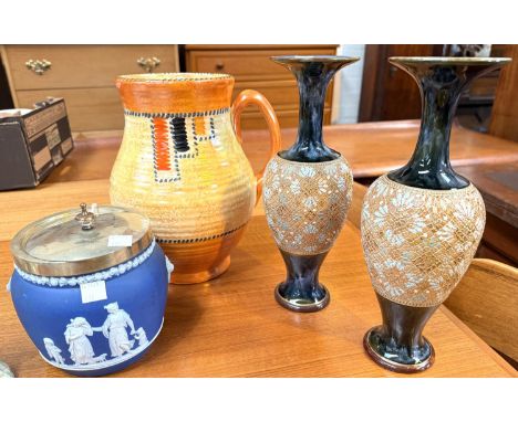 DOULTON LAMBETH - a pair of Slater's Patent stoneware vases, 27cm, a Crown Ducal jug vase, and a biscuit barrel (star crack)