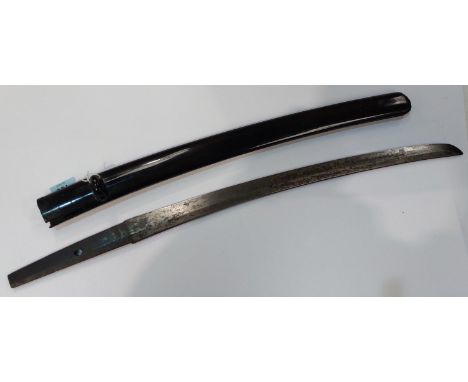 Japanese sword blade (Wakizashi) in black lacquer scabbard 16th century.SOME SURFACE CORROSION TO BLADE, THE CUTTING EDGE IS 