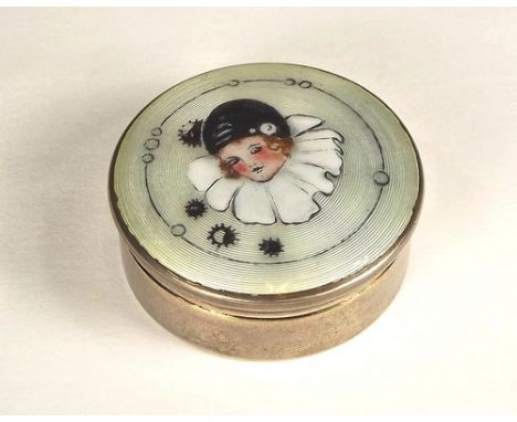 ART DECO BOX. 
A 1920's Art Deco silver & enamel box, with mirrored lid. Diameter 3.9cm.