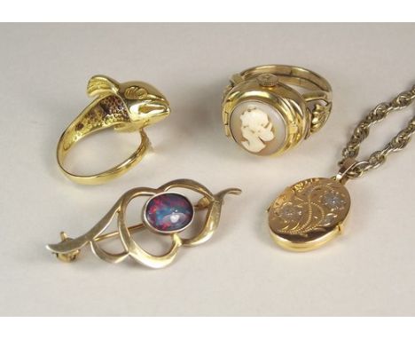 GOLD RING ETC.
An 18ct. gold dolphin ring, 6.9g., size M/N, a Rotary watch ring, etc.