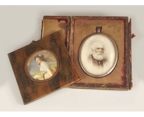 PORTRAIT MINIATURES.
A Victorian silver mounted portrait miniature, painted on ivory, of a bearded gentleman (case a.f.) & on